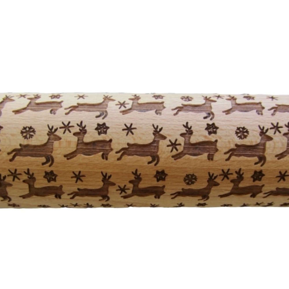 Holiday Embossed Reindeer Wooden Christmas Cookie Decorating Rolling Pin